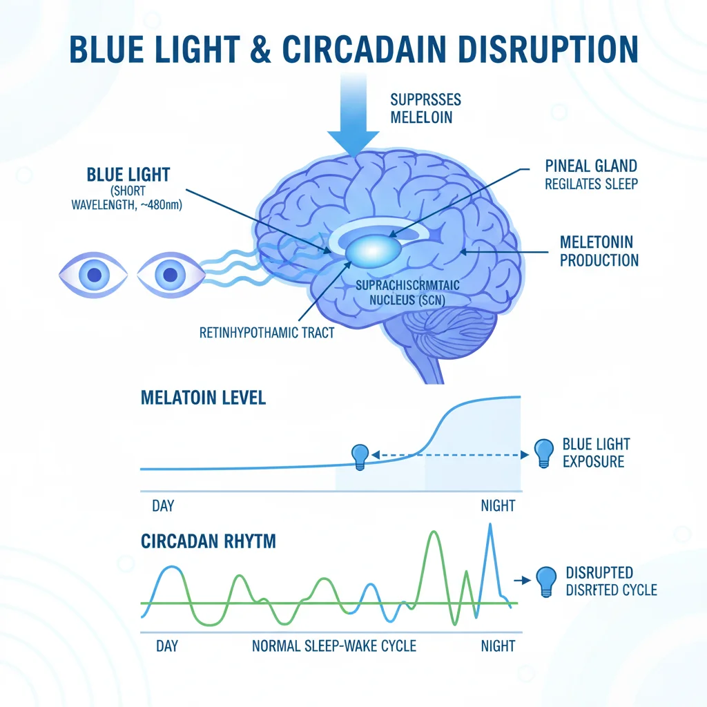 Scientific diagram showing blue light's effect on melatonin and circadian rhythm