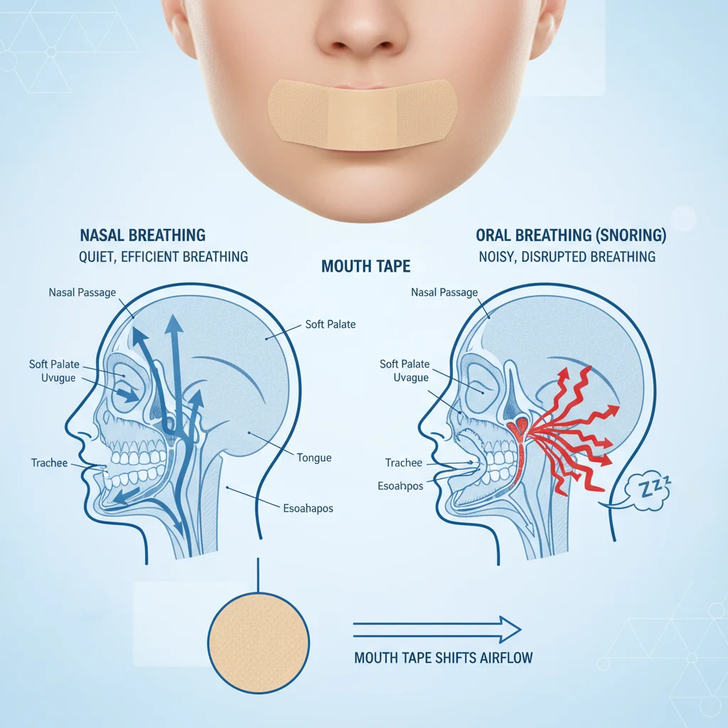 Professional medical illustration showing mouth tape application