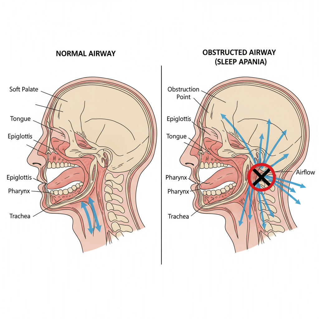 Figure 1: Sleep apnea anatomy showing normal vs. obstructed airways