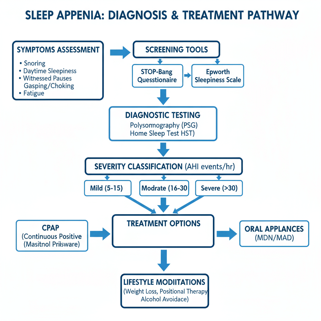 Figure 2: Sleep apnea treatment decision flowchart showing diagnostic pathways and therapeutic options
