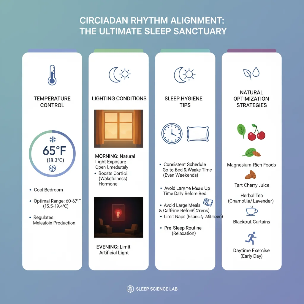 Comprehensive sleep optimization guide showing ideal bedroom environment